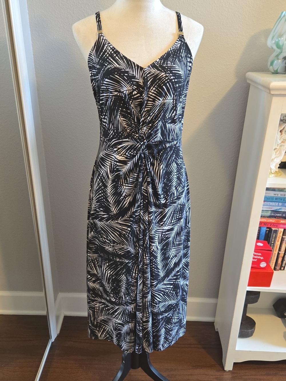 Michael Kors Black & White Palm-Print Twist-Front Midi Dress